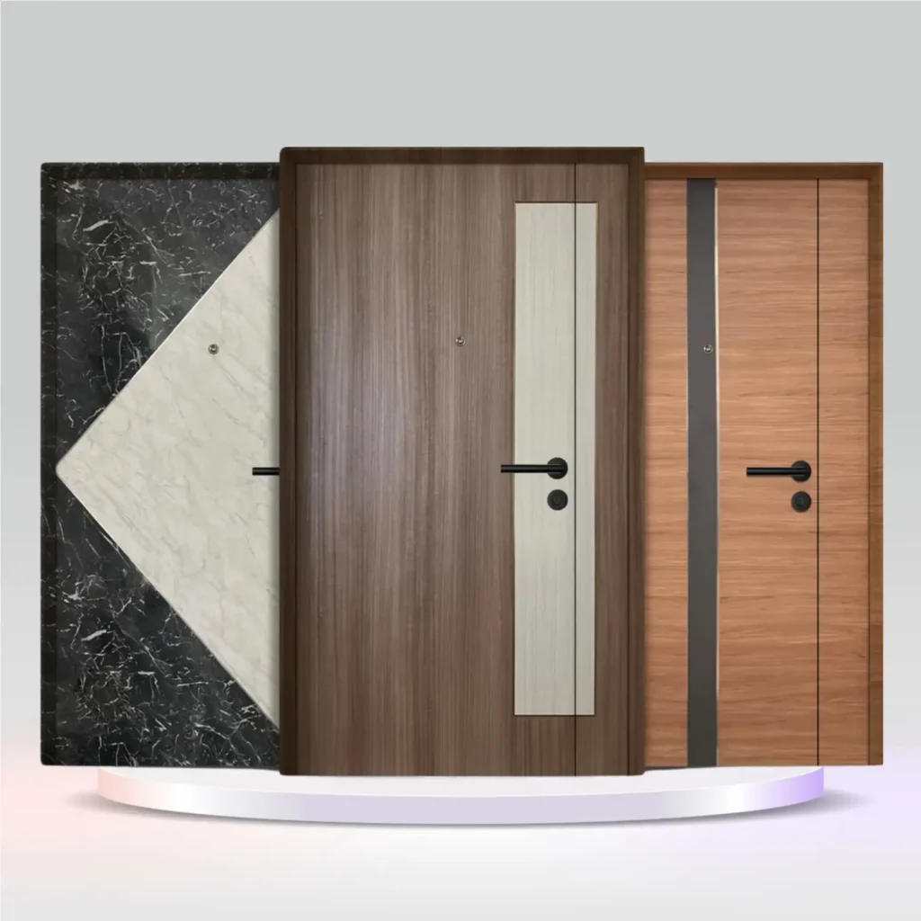 Two-Tone-Laminate-Main-Door-with-Stainless-steel-stripe-4x7ft